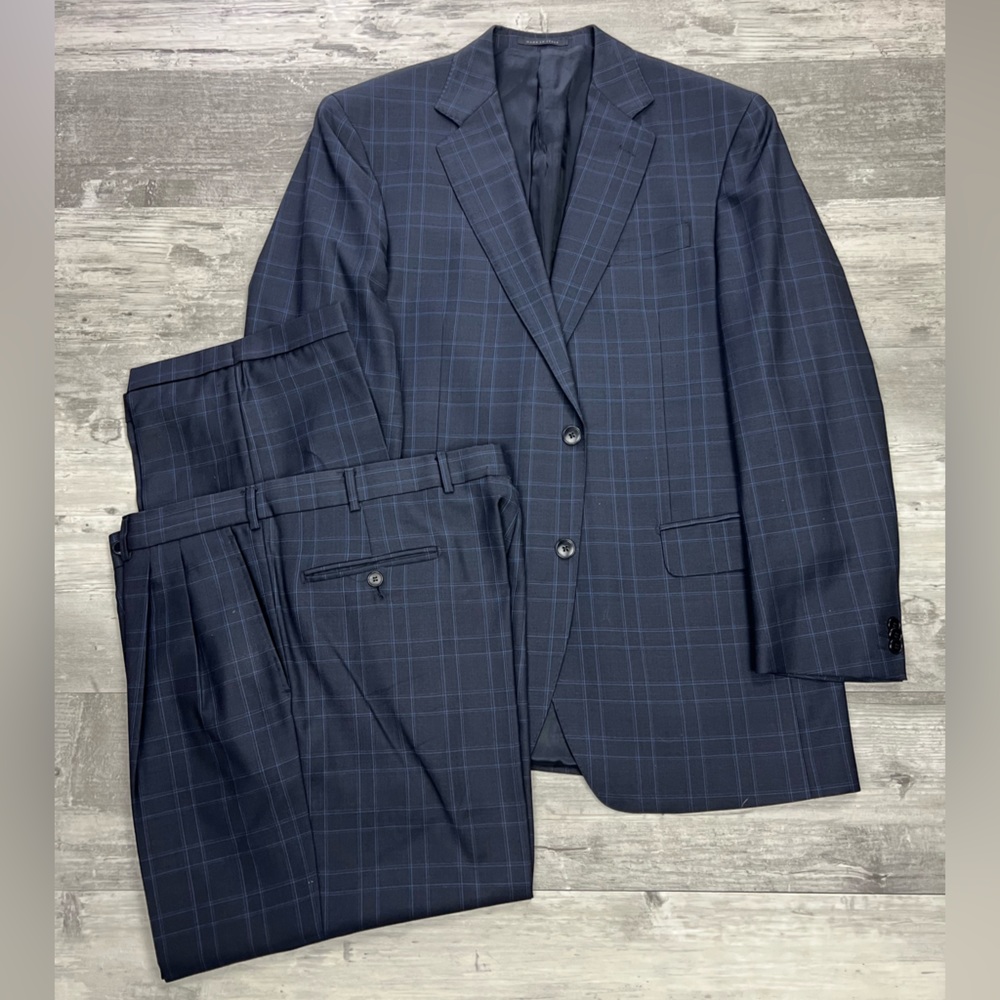 Luigi Bianchi Mantova Navy w/ Blue Plaid Super 120’s Suit 42L - Picture 1 of 11